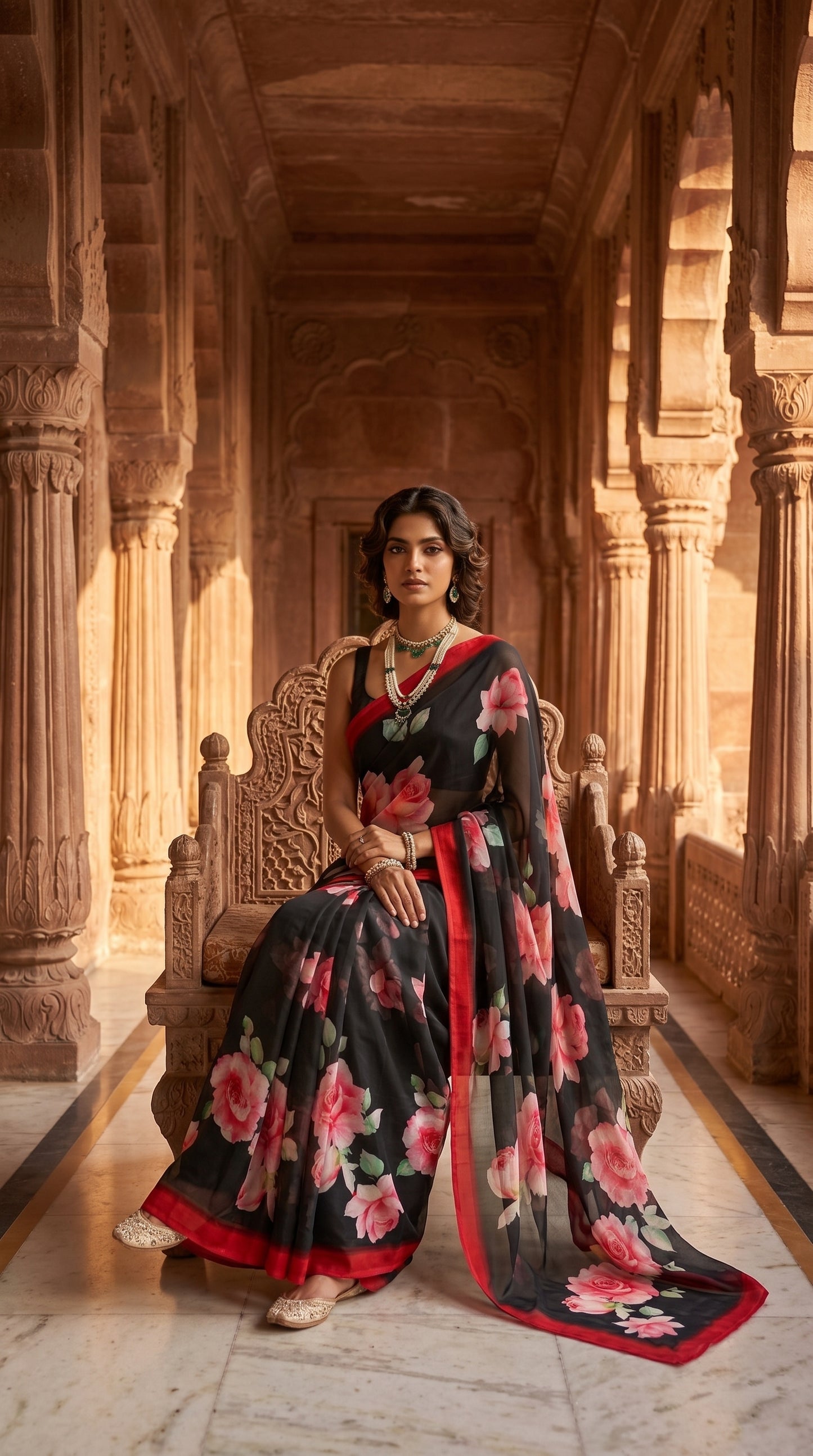Crimson Noir – Pure Chiffon Floral Saree in Black