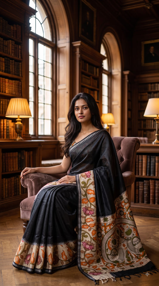 Plain Silk Saree with Kalamkari Gap Border - Black with Orange