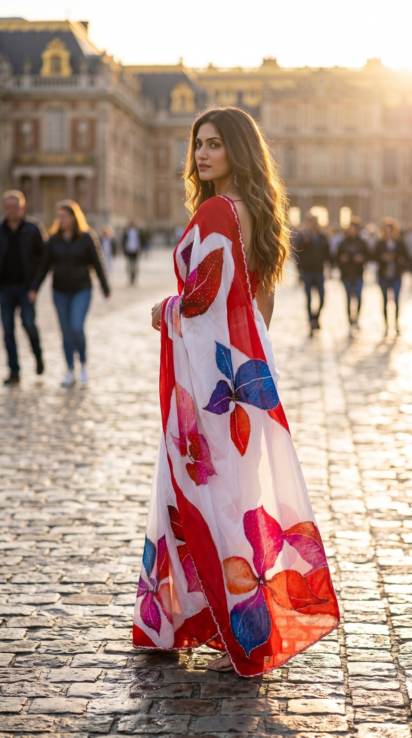 An over-the-shoulder look of a woman walking on a cobblestone courtyard outside a grand European palace, showcasing the trailing pallu and detailed zardosi borders of her white and red saree