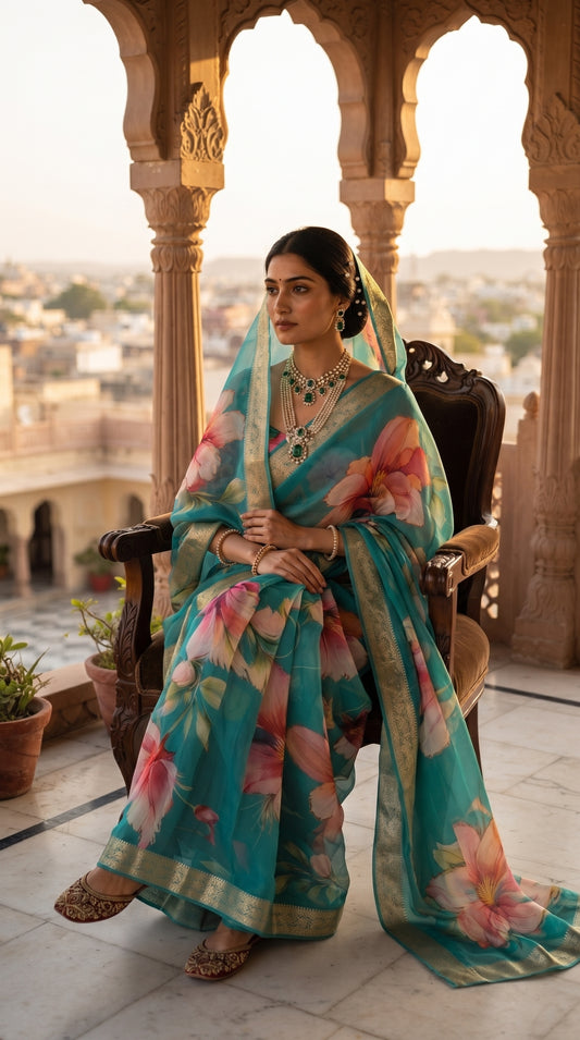 A full-length portrait of a woman sitting regally on an armchair inside an open palace jharokha balcony, displaying her sea green chiffon saree, traditional heavy jewelry, and a sprawling city landscape blurred in the background