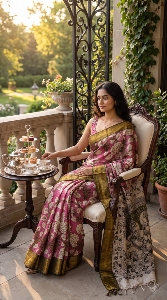 Kanchi Border Kalamkari Silk Saree - Pink with Green