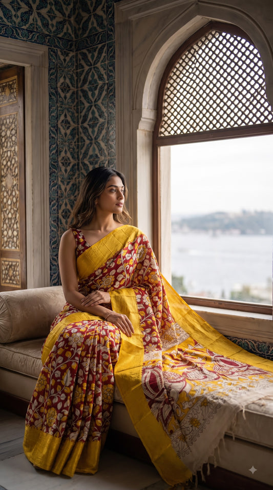 Kanchi Border Kalamkari Silk Saree - Red with Yellow