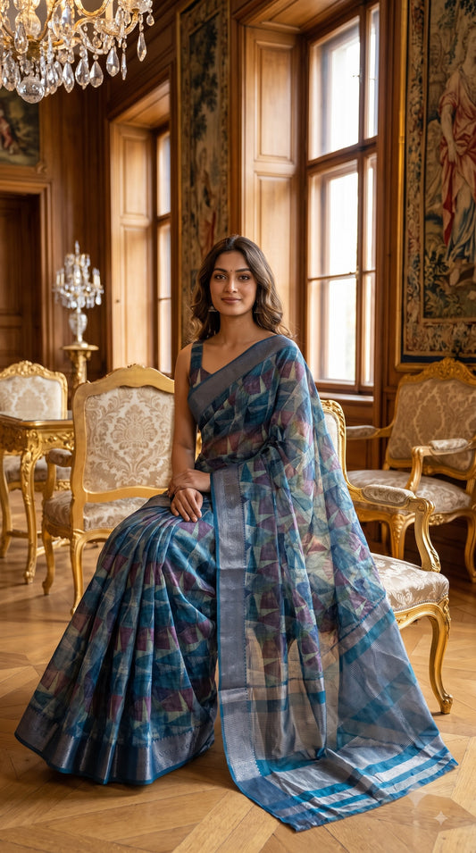 Organza Saree with Abstract Print - Blue