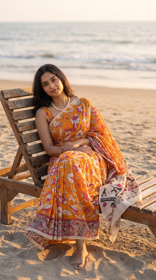 Printed Kalamkari Silk Saree - Orange & Pink