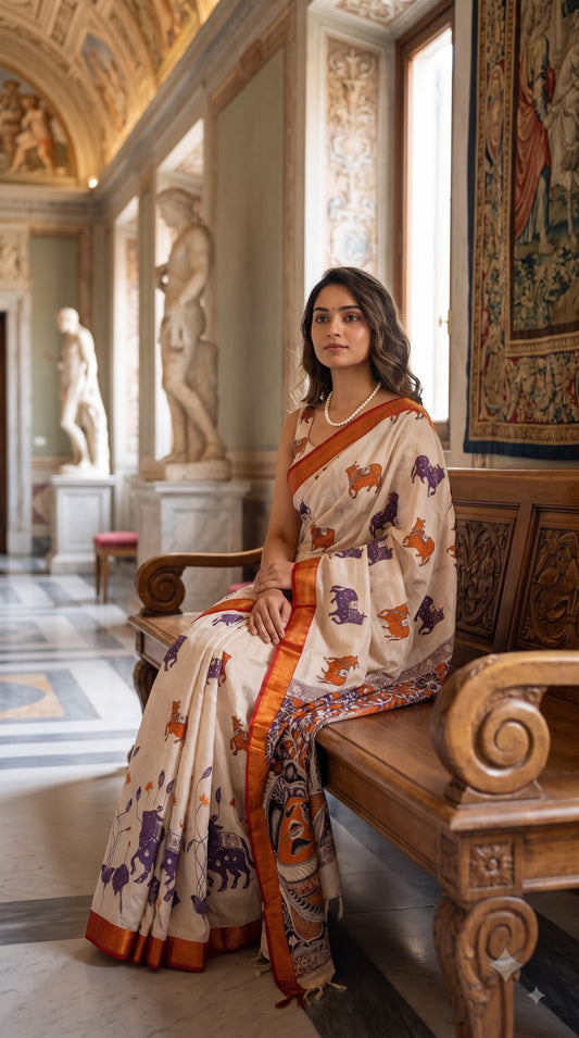 Pichwai Kalamkari Silk Saree with Border - Beige with Red
