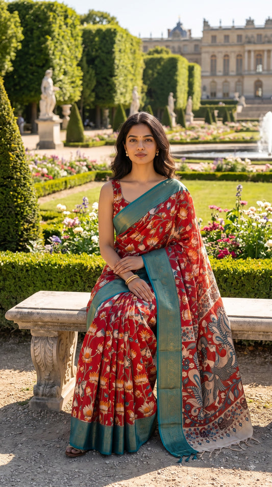 Kanchi Border Kalamkari Silk Saree - Red with Teal