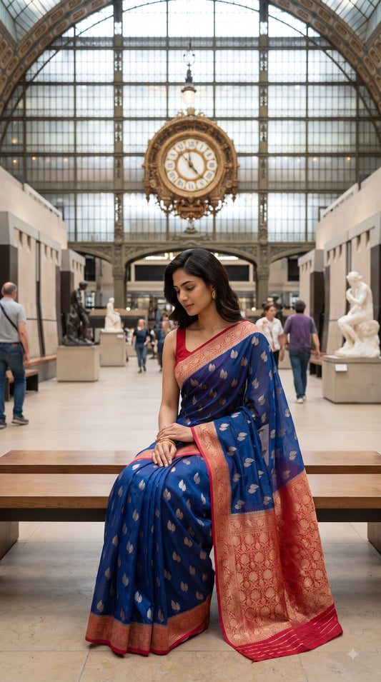 Georgette Banarasi with Contrast Border-Blue