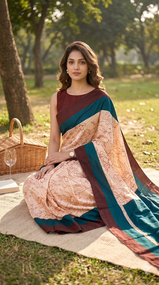 Viscose Silk Saree with Teal & Chocolate Border - Beige