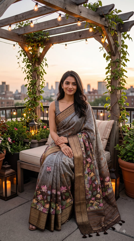 Pure Silk Saree with Digital Print & French Knot Kantha-Stitched - Grey