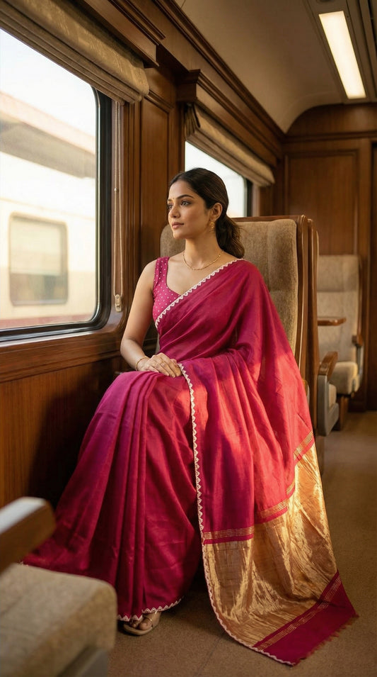 Woman in a Pink Modal Silk Saree with Lagdi Patta Pallu saree with white border, sitting inside a train car.