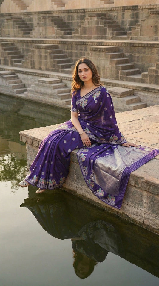 Woman in a Purple Silk Saree with Zari Embroidery with parrot motifs, sitting by a water body with stone steps in the background.