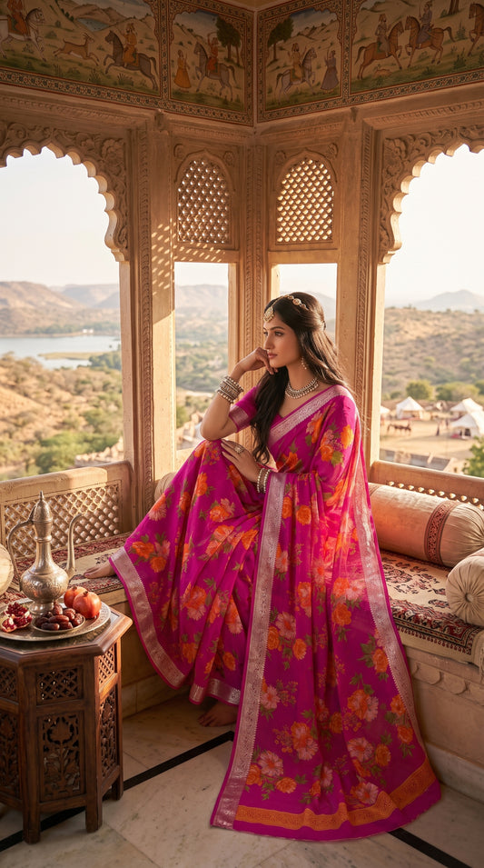 A woman resting on a traditional window alcove cushion overlooking hills and a lake, beautifully spreading out the heavy jacquard pallu and vibrant floral artwork of her magenta pure chinon saree
