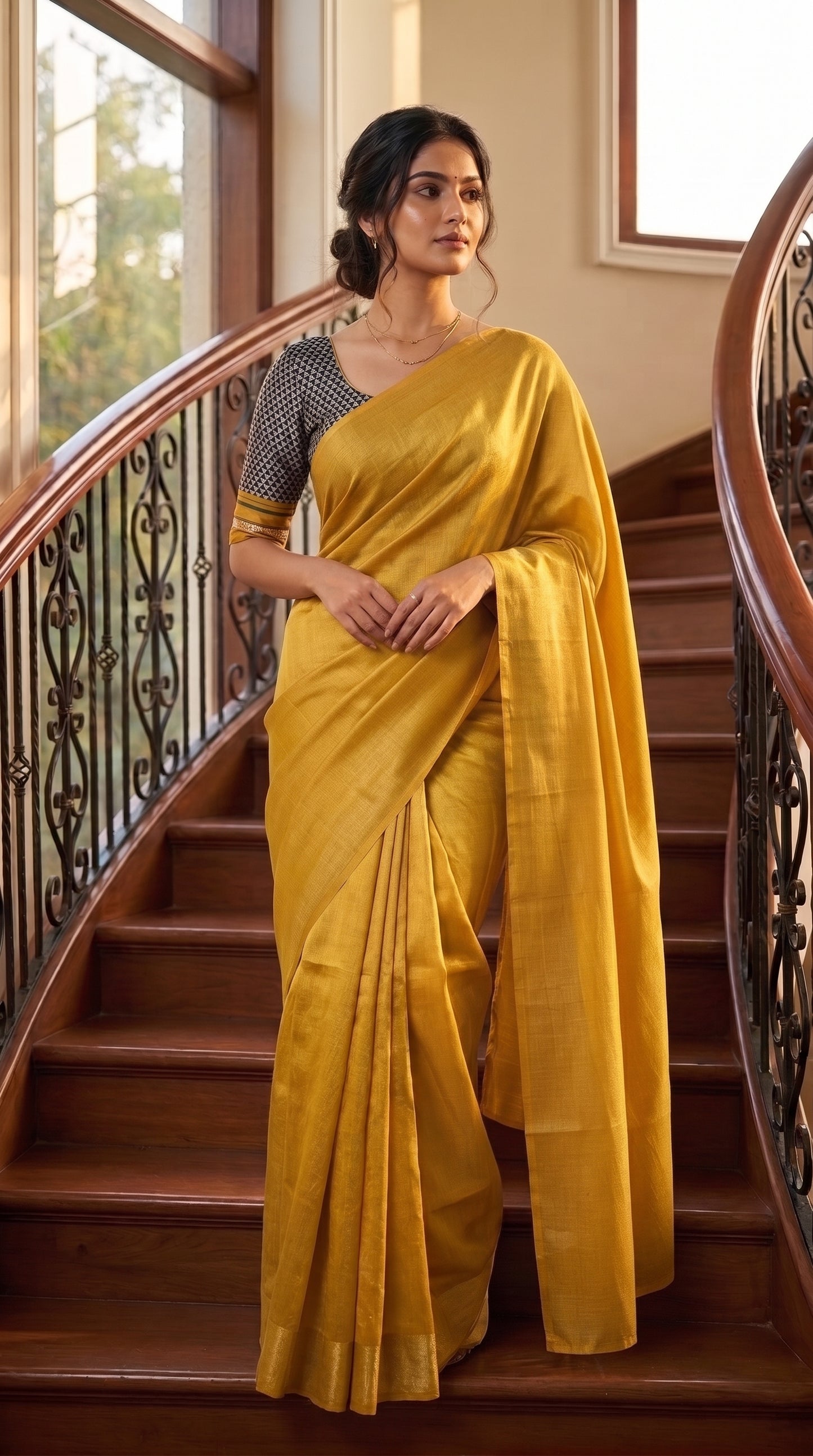 A full-length front portrait of a woman standing on an elegant indoor wooden staircase with iron railings, beautifully showcasing the flawless tailored silhouette and subtle metallic sheen of her yellow-golden tissue cotton saree