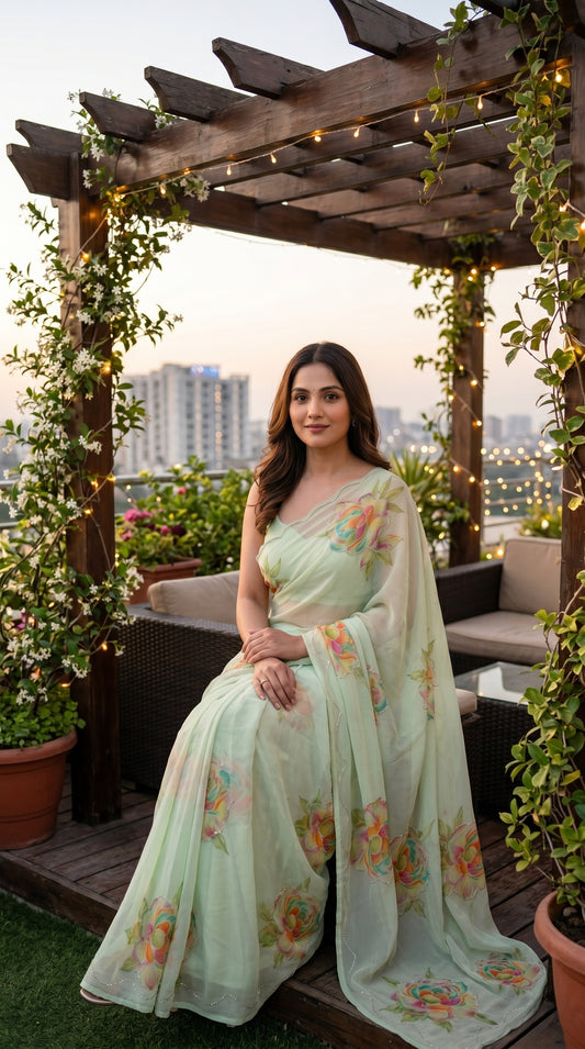 A woman sitting on a rooftop garden bench under a pergola, displaying the delicate gold-accented cut work detailing on a pista green floral chiffon saree