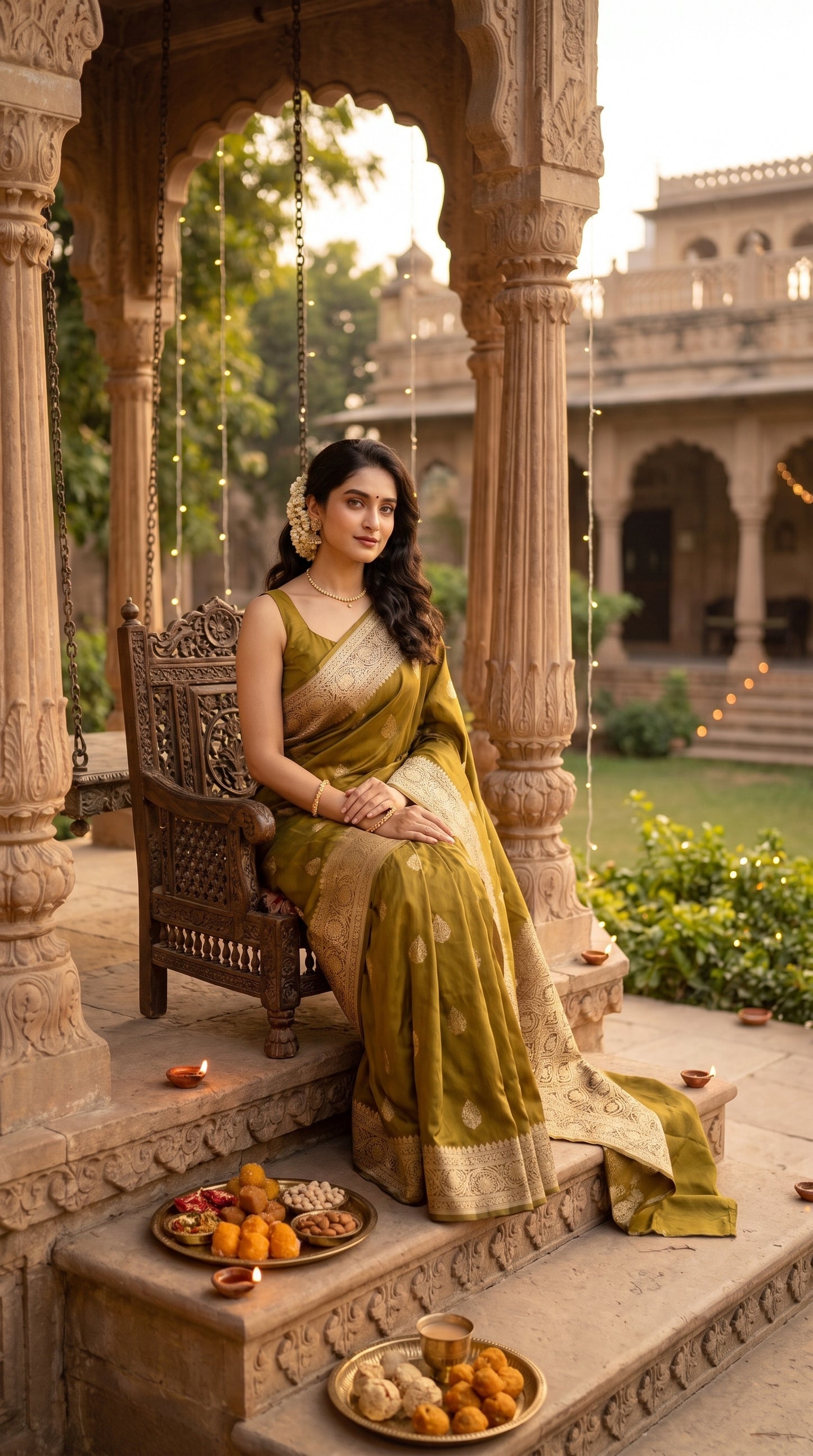 A full-length portrait of a woman sitting on an ornate wooden chair on a palace veranda decorated with string lights and festive sweet platters, beautifully showcasing the regal drape of her olive green Mashru silk saree