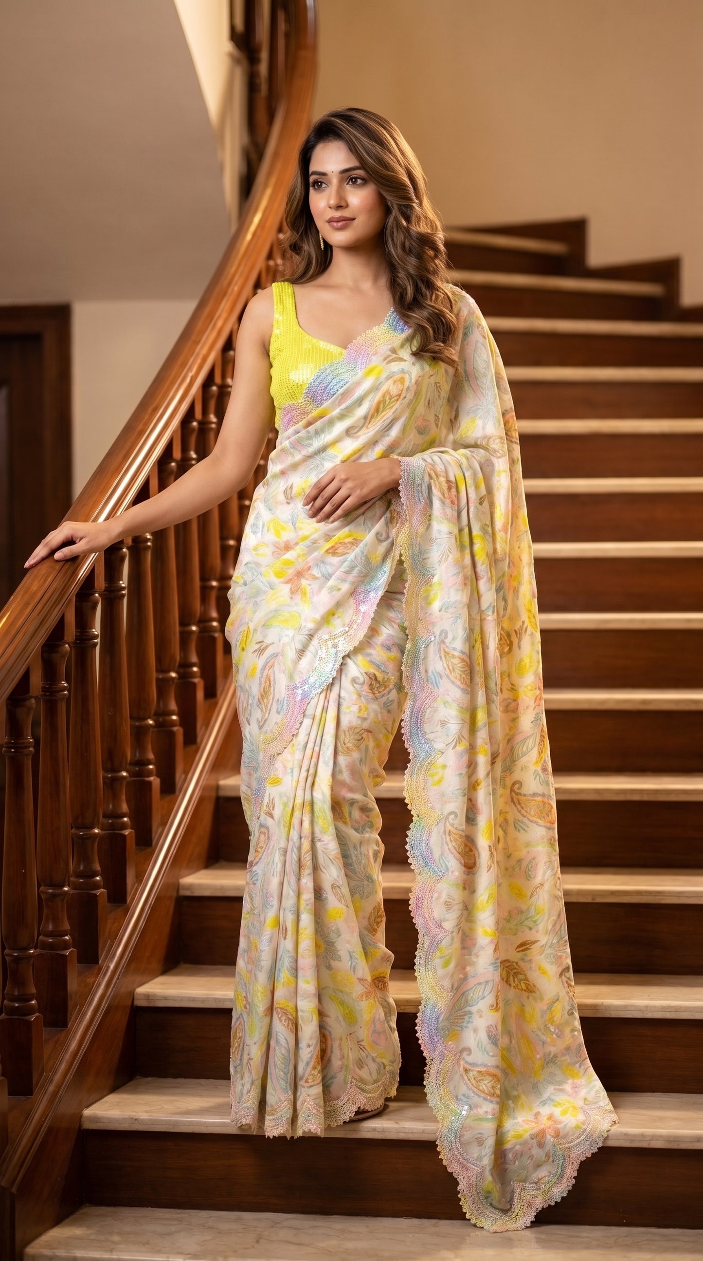 A full-length front portrait of a woman posing on an indoor wooden staircase, showcasing the flawless tailored silhouette and multi-colored sequined cutwork trim of her cream pure jacquard silk saree