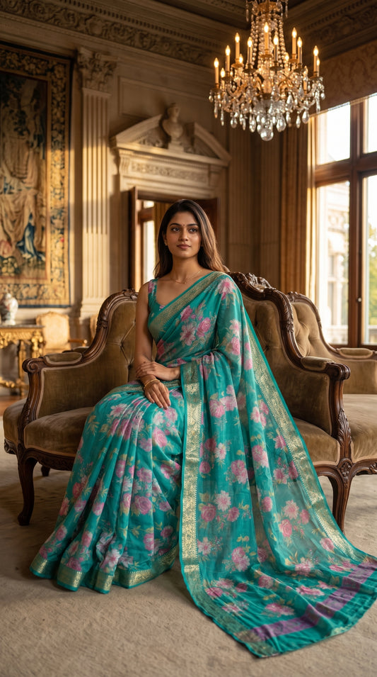 Full-length editorial portrait of a woman seated on a plush velvet sofa inside a luxurious estate living room under a grand crystal chandelier, highlighting the rich teal-green tones of her pure chinon saree