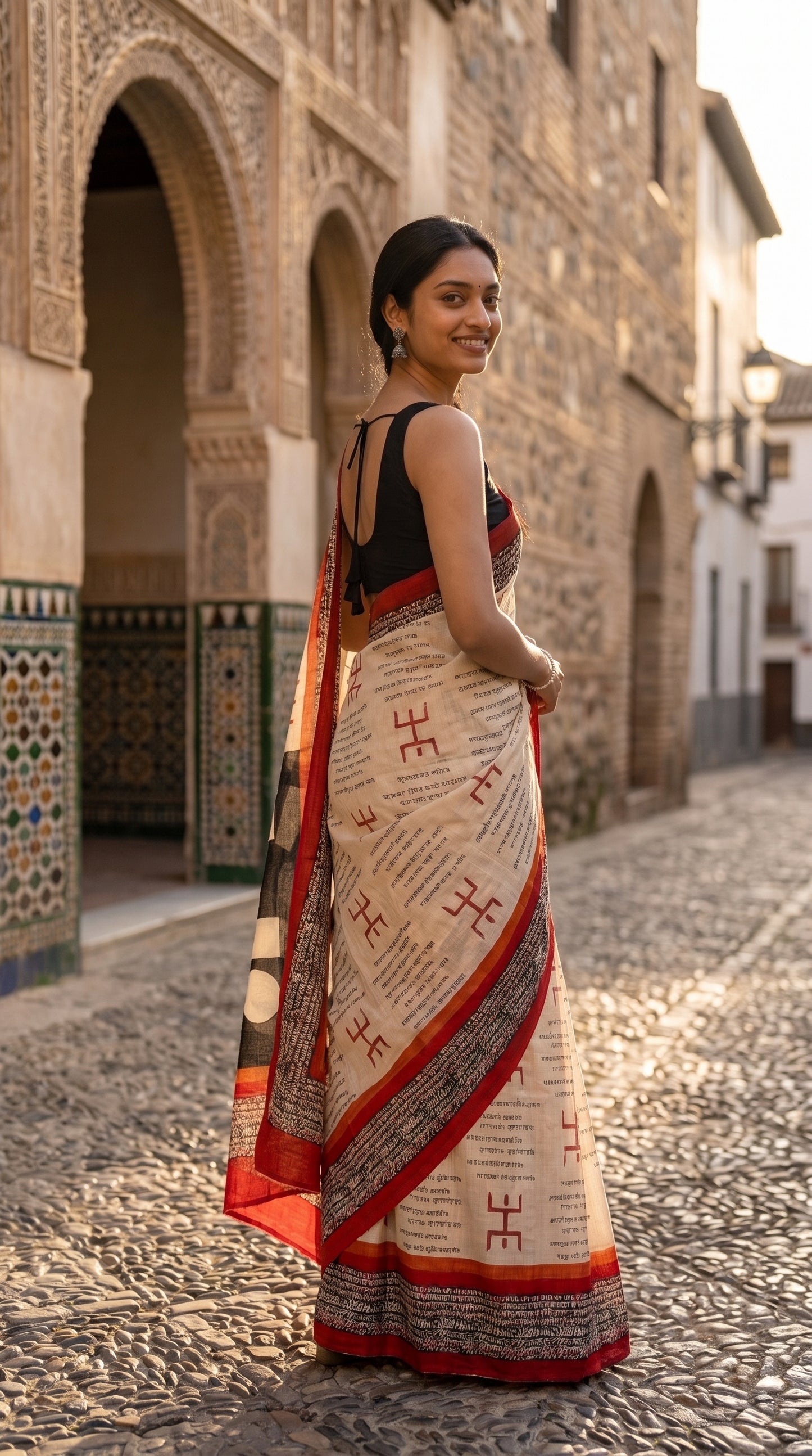 Cream Tussar Silk Saree with Script Motifs