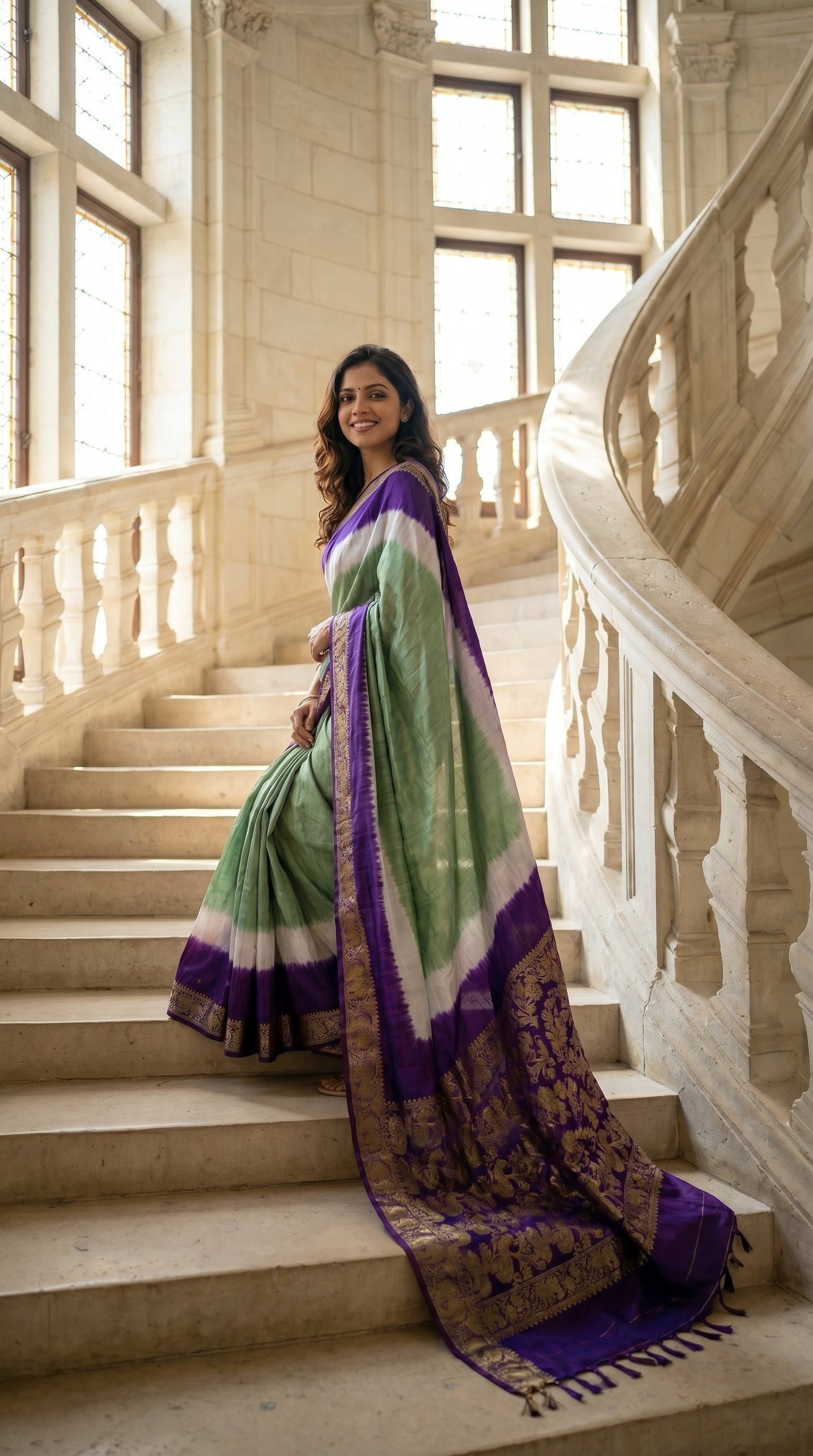 Premium Modal Silk Saree – Sea Green & Royal Purple Tie-Dye with Ornate Gold Zari Border