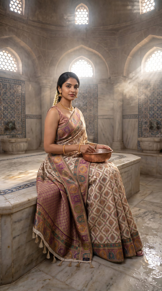 Pure Kani Silk Saree with Jaal Design - Cream