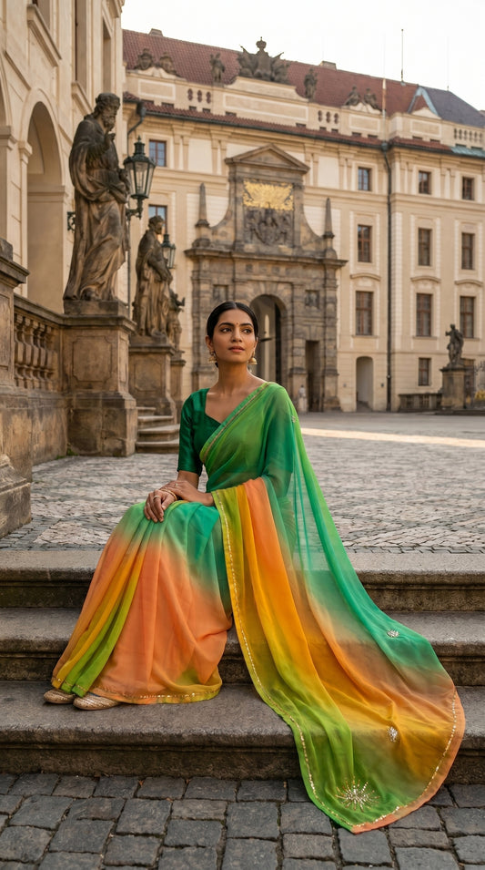 Model wearing a fluid green and yellow ombré chiffon saree sitting gracefully on stone steps in a grand heritage courtyard