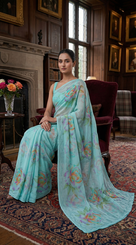 A woman draped in an aqua blue floral printed chiffon saree with a delicate cut work border sitting gracefully in a luxury vintage manor room