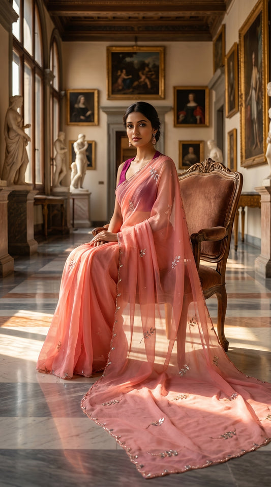 Model sitting gracefully on a vintage velvet chair in an art gallery, displaying the delicate scalloped cut work border of her peach saree