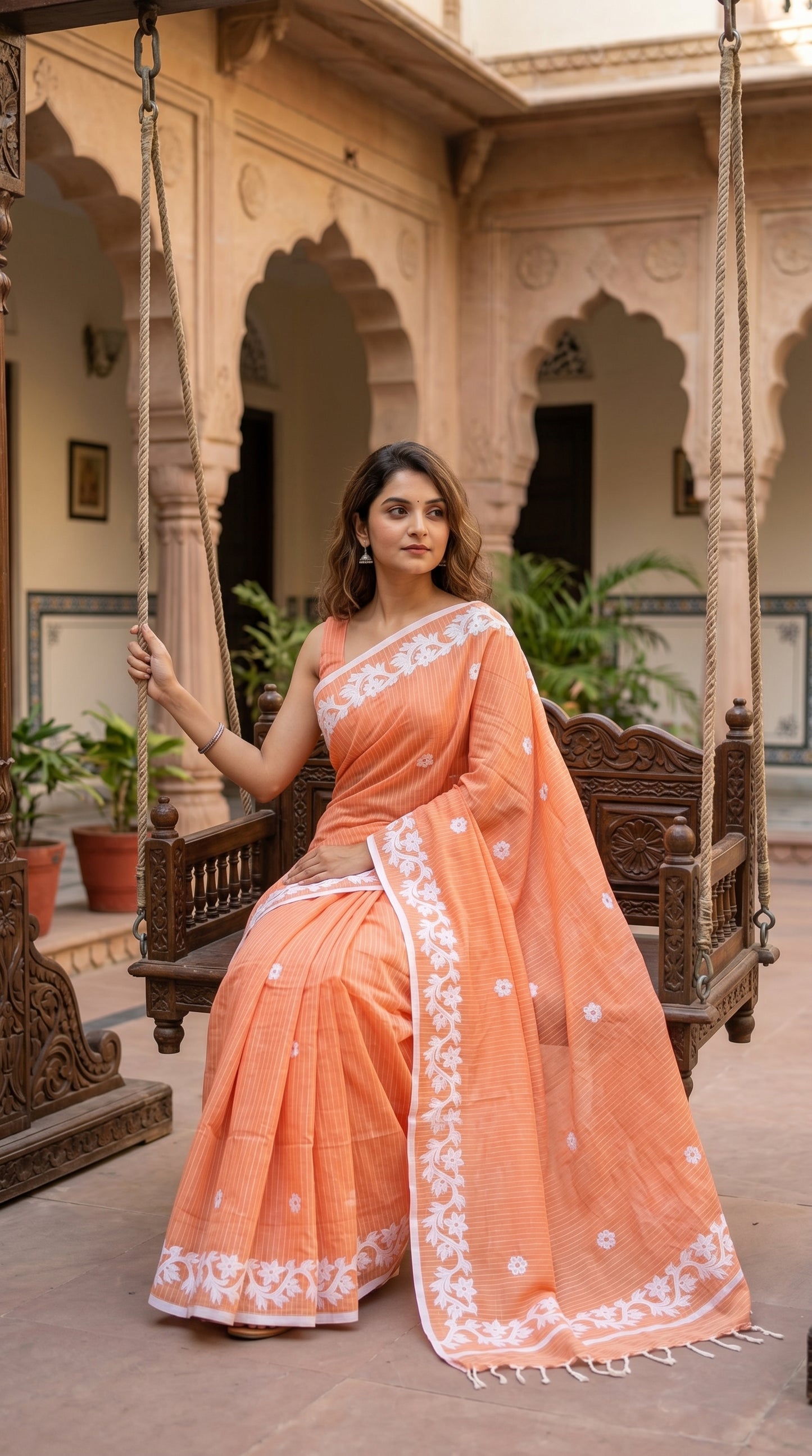 Peach Cotton Saree with Applique Border