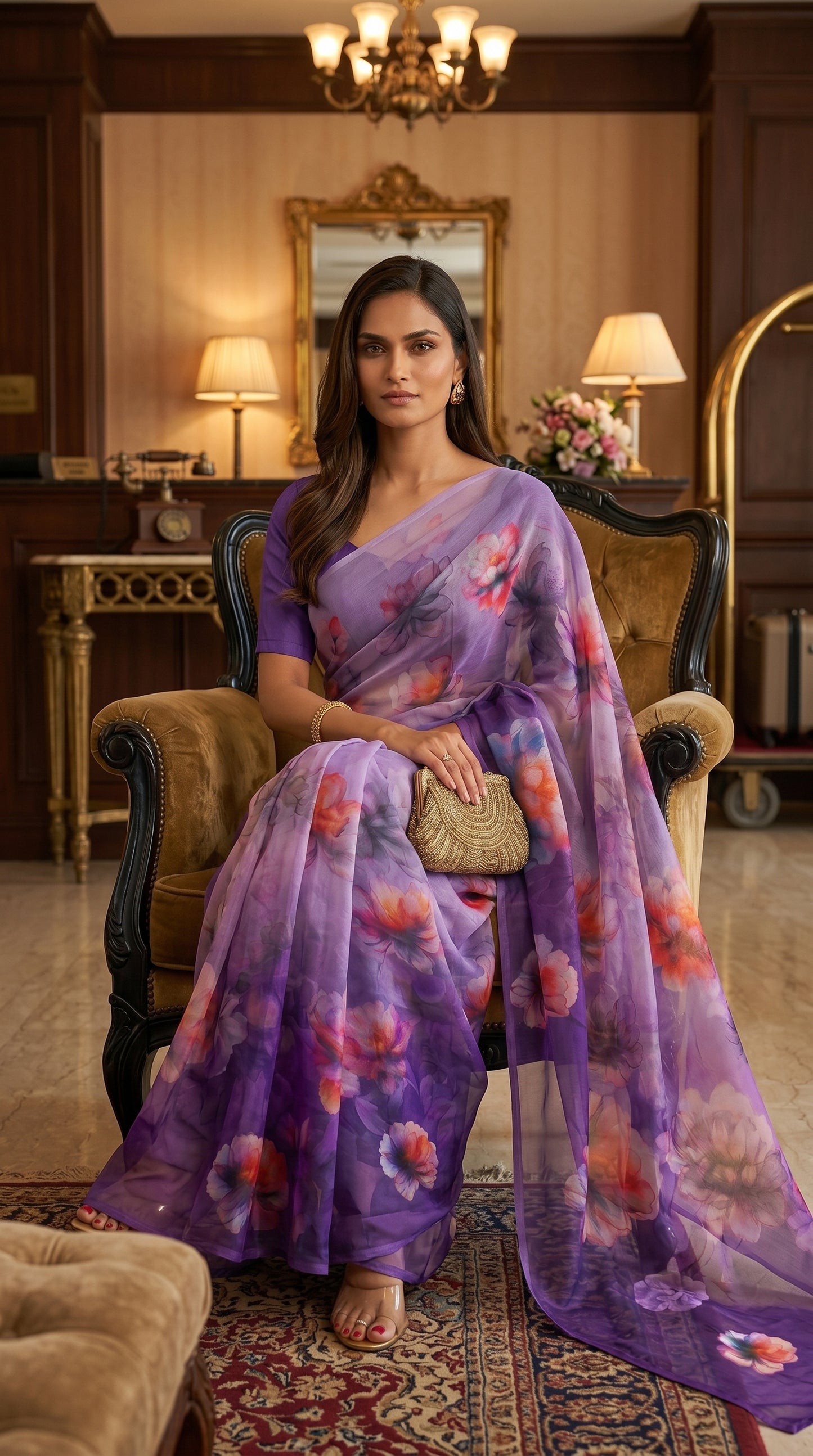 Model seated comfortably on a velvet armchair in a luxury hotel lobby, displaying the rich violet and pink folds of a printed chiffon saree