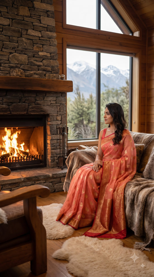 Georgette Banarasi with Contrast Border-Peach