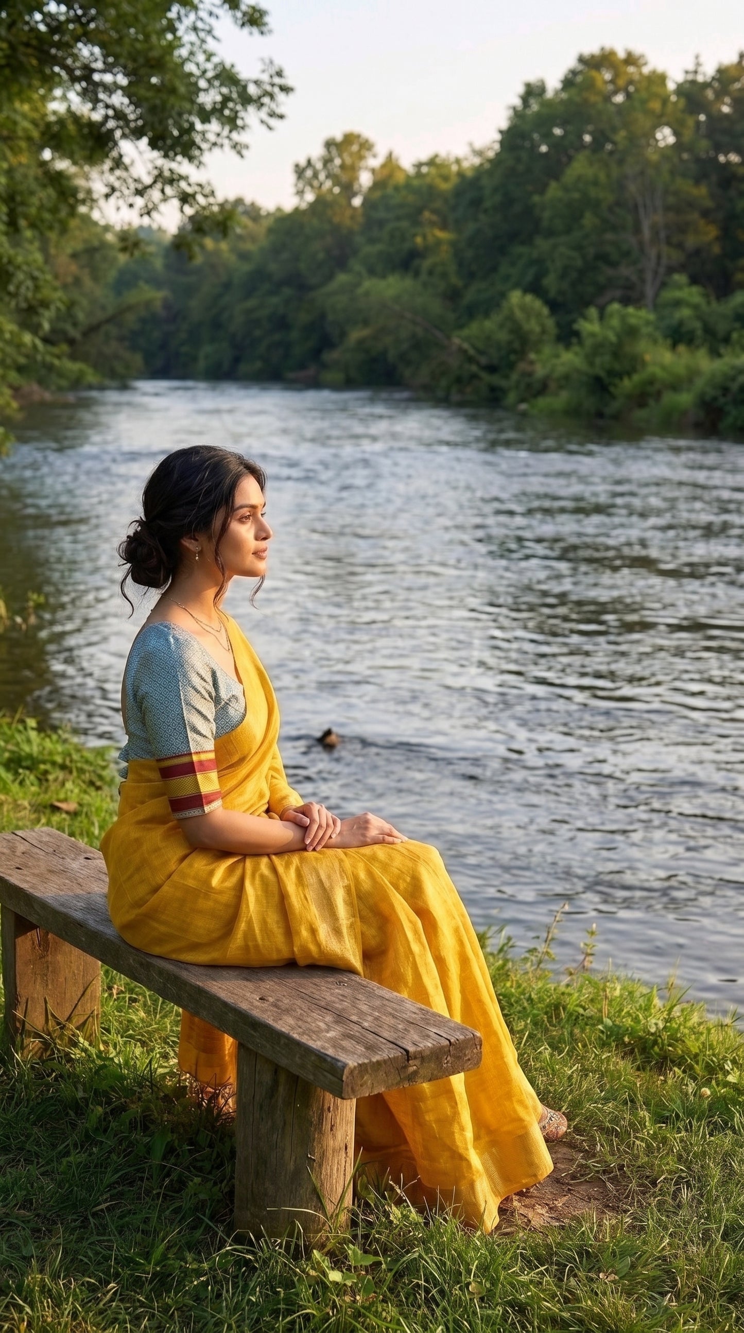 A serene side-profile shot of a woman sitting on a simple wooden bench near a flowing river bank, beautifully displaying the casual daytime elegance and soft sheen of her yellow tissue cotton saree