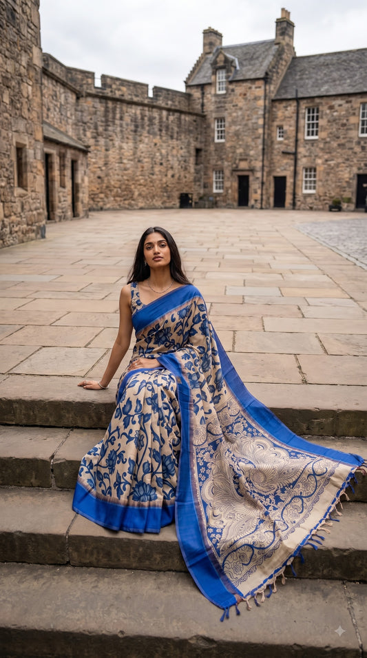 Kalamakari Silk Saree with Kaddi Border - Royal Blue