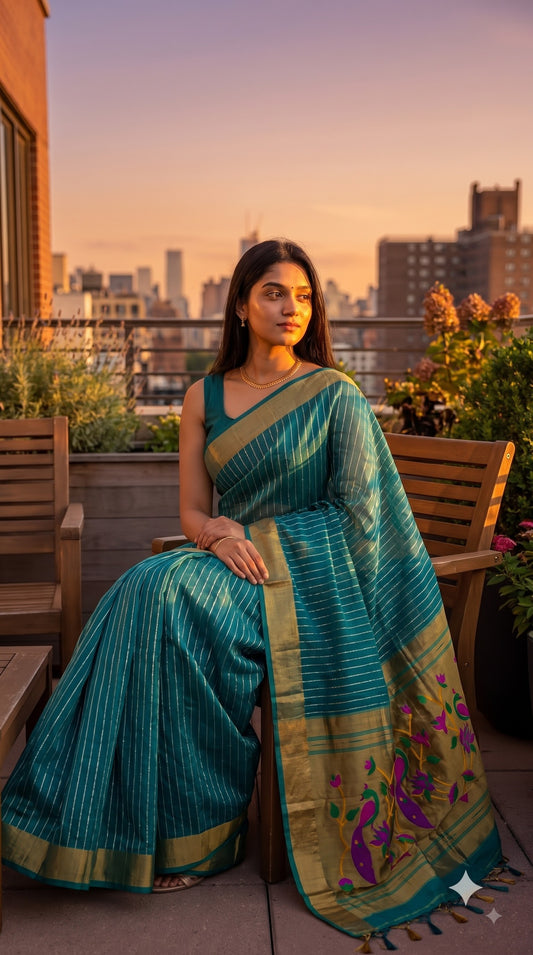 Organza Saree with Paithani Pallu - Rama Green