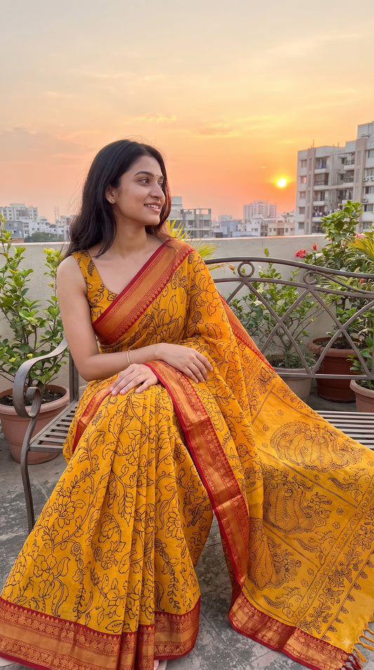 Kanchi Border Kalamkari Silk Saree - Yellow with Red