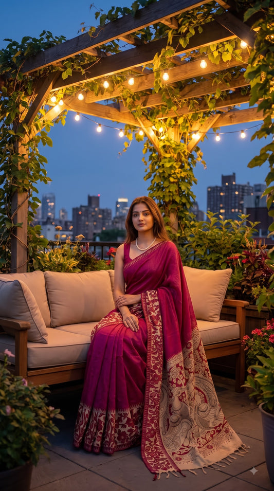 Plain Silk Saree with Kalamkari Gap Border - Magenta