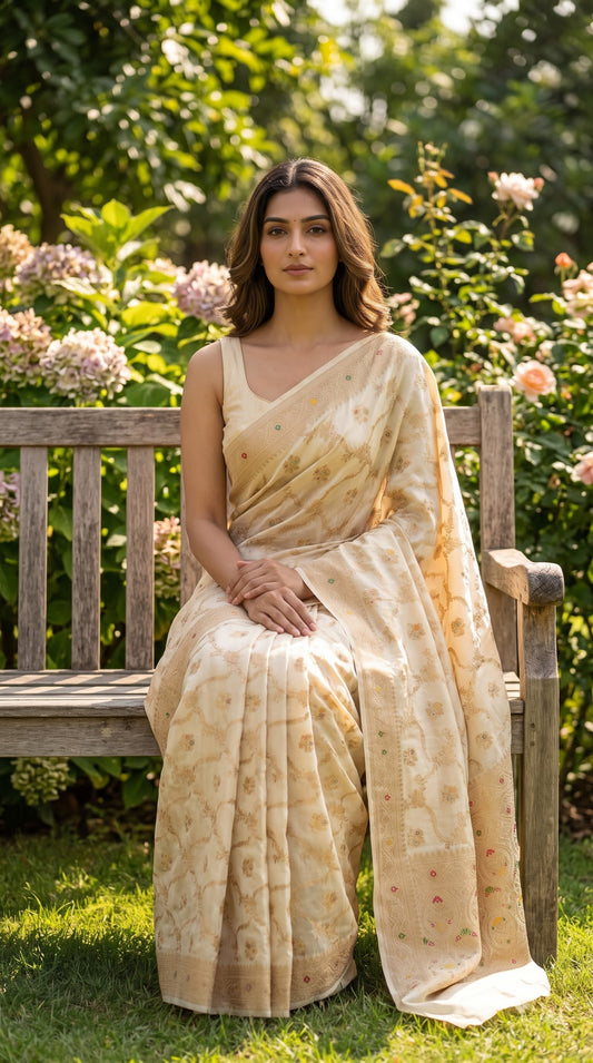 Banarasi Silk Saree with Meenakari Jaal Design-Cream