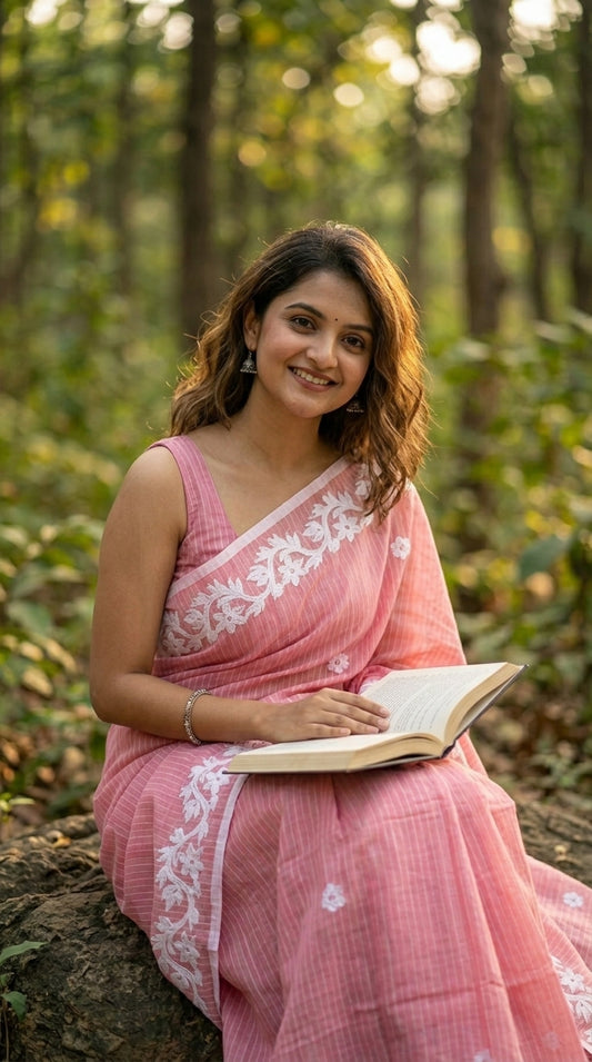 Pink Cotton Saree with Applique Border
