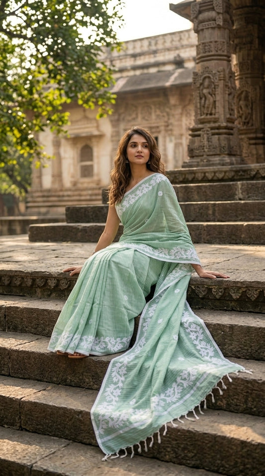 Light Green Cotton Saree with Applique Border