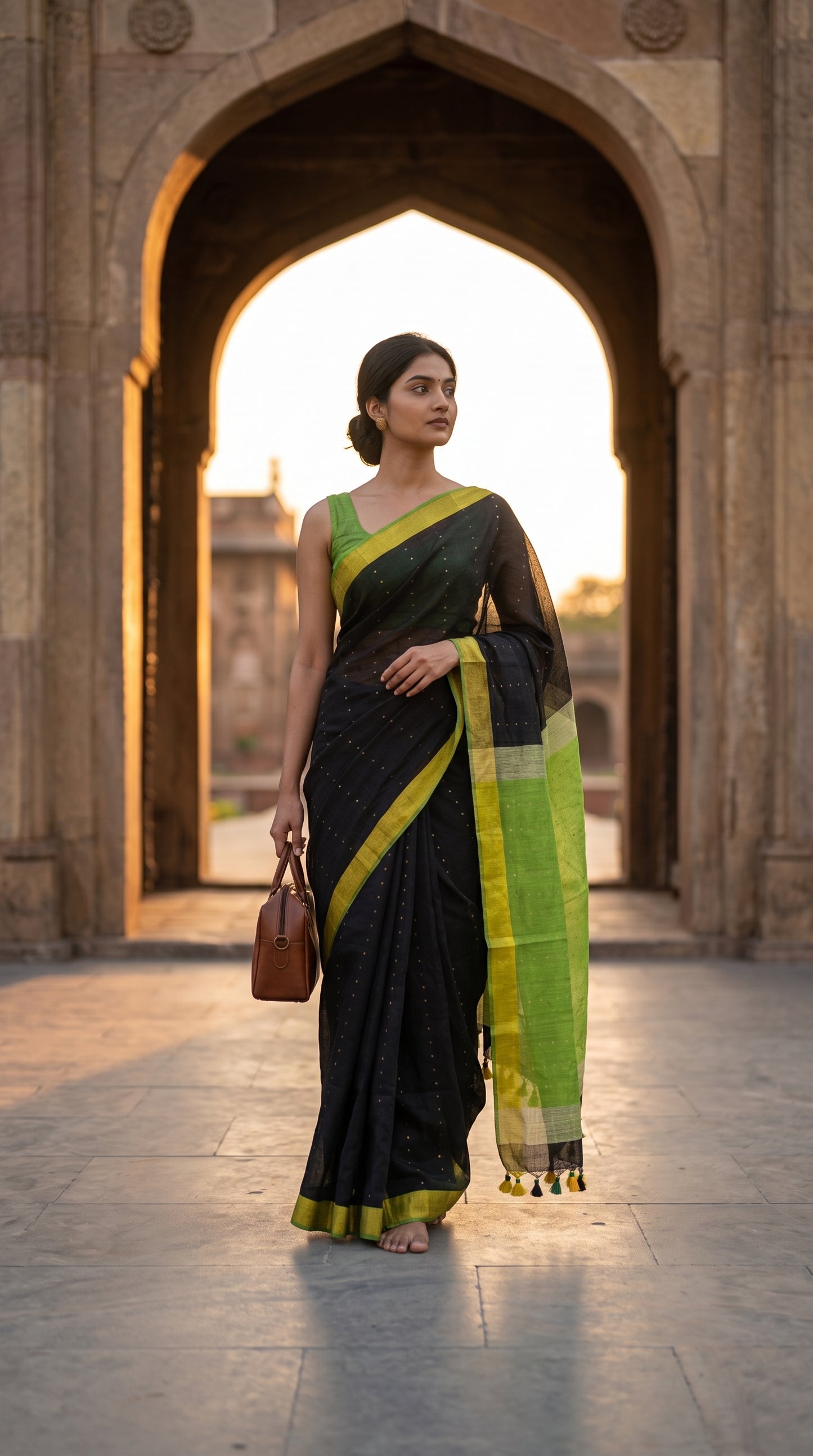 Full-length image of a woman carrying a brown leather bag while walking through a large historic stone archway at sunset, showcasing the fluid drape of her black linen saree