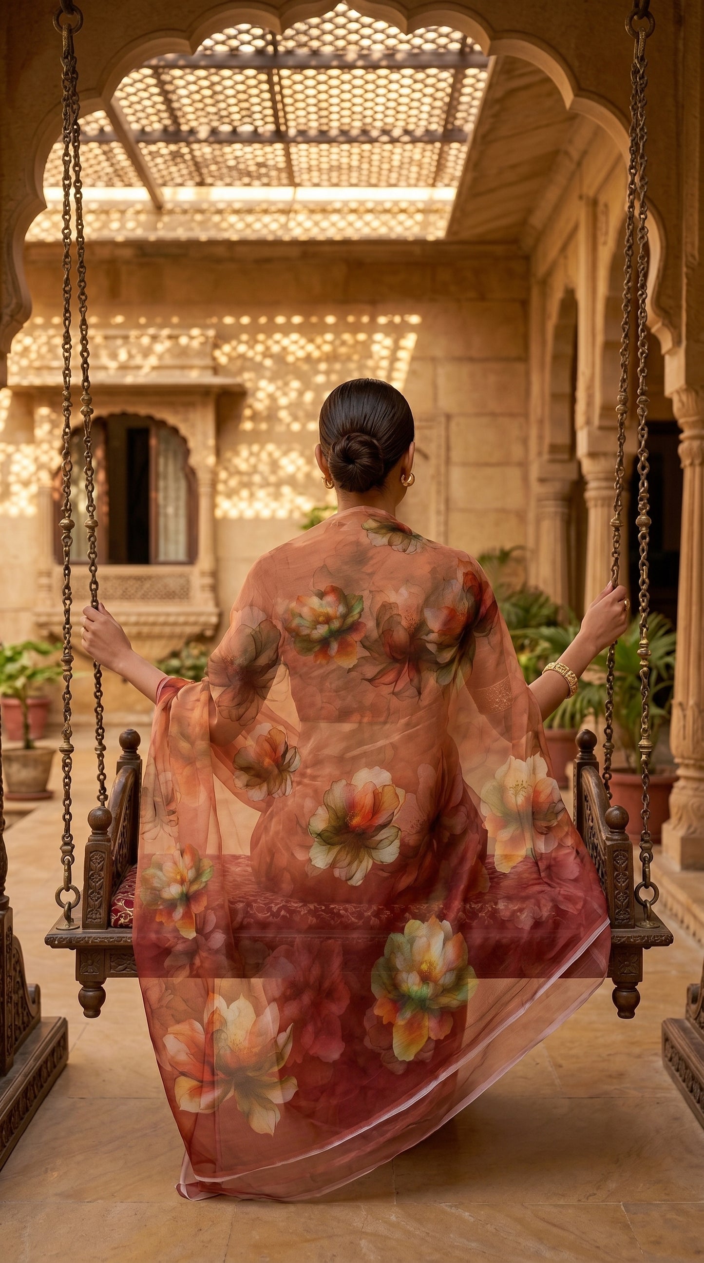 Back view of a woman sitting on a traditional wooden carved swing, showcasing the intricate peony prints on a translucent rust chiffon pallu