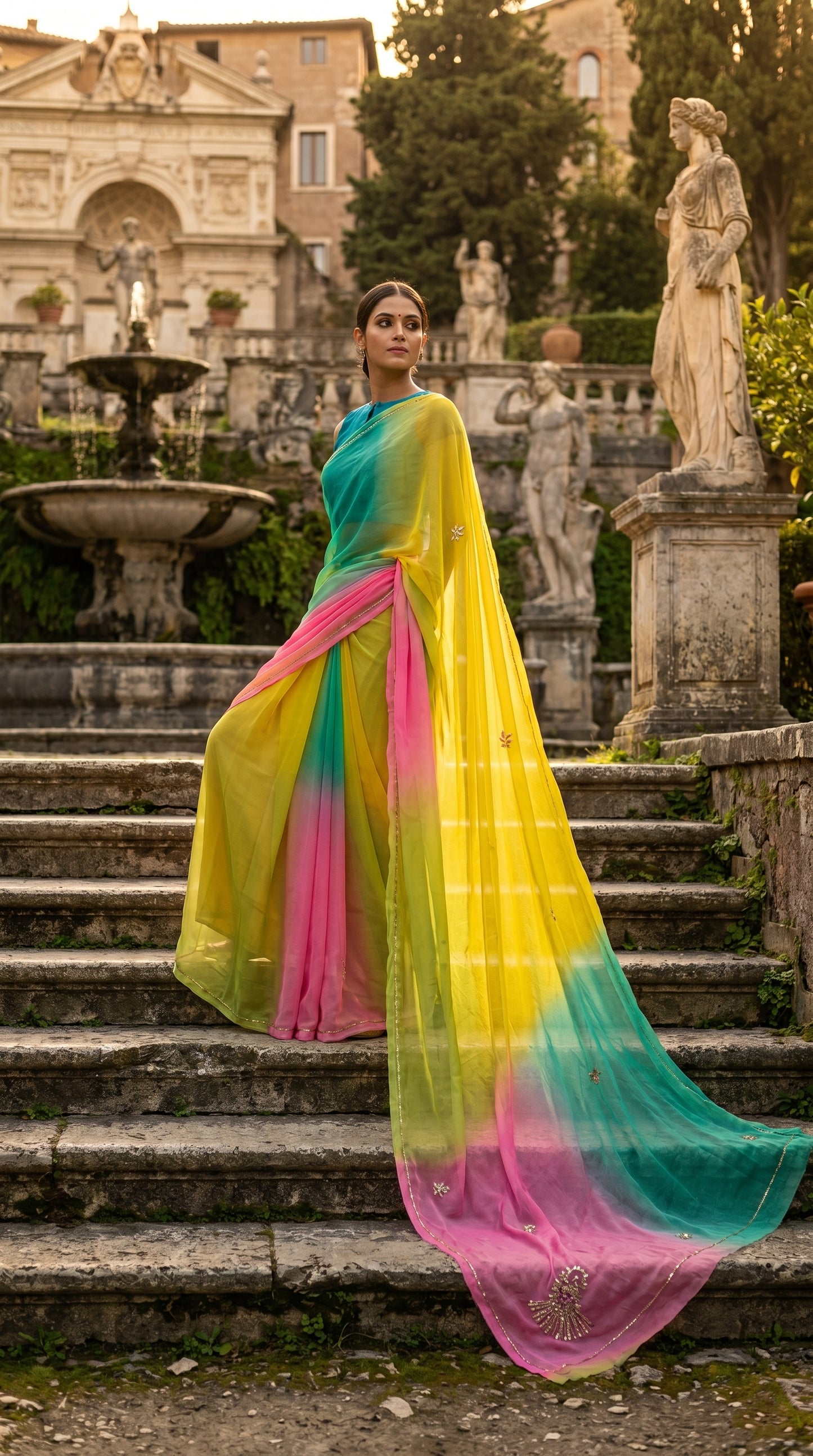 Model wearing the Tropical Lagoon chiffon saree walking down stone temple steps, showcasing the sweeping movement of the pink and yellow pallu