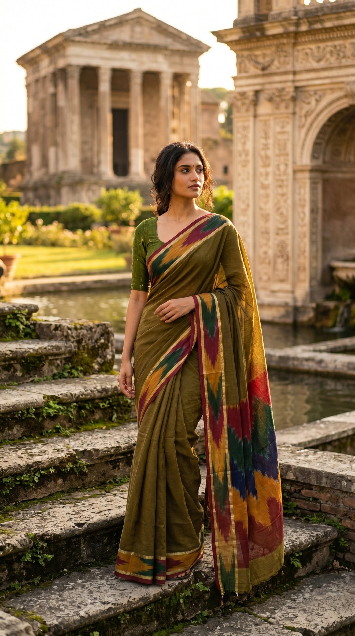 Woman in a Handloom Cotton Saree with Ikat Border – Mehndi Green saree standing on stone steps with classical architecture in the background
