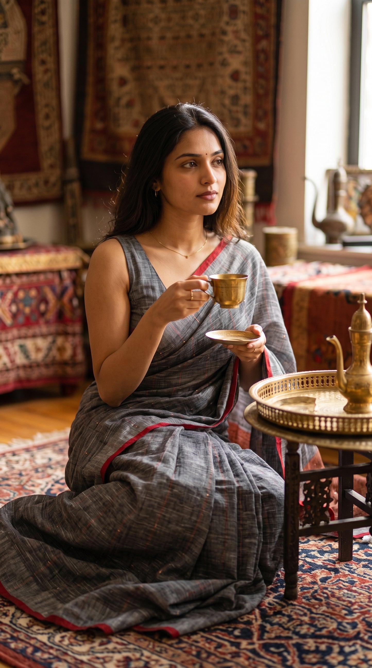 A woman sitting cross-legged on a traditional rug beside a brass tea set, holding a metallic teacup while displaying the organic slubbed texture of a grey and red khadi cotton linen saree
