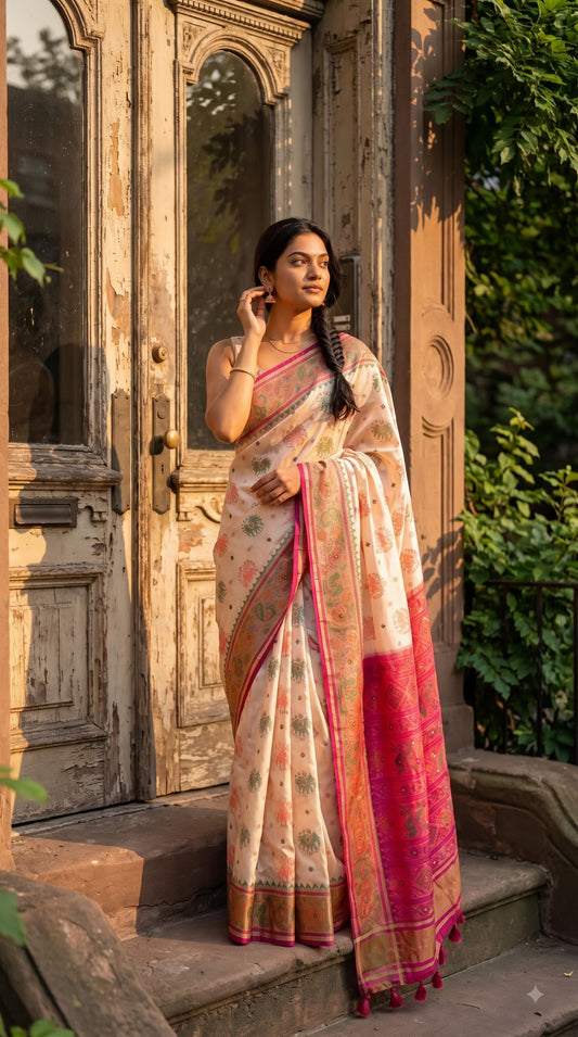 Viscose Silk Saree with Patola Weave - White