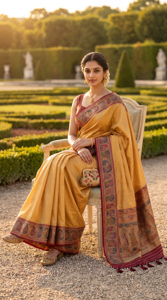A full-length view of a woman holding a small embroidered gold clutch bag while sitting on a classic garden chair, highlighting the premium silk luster and detailed multicolored border panel of her beige saree