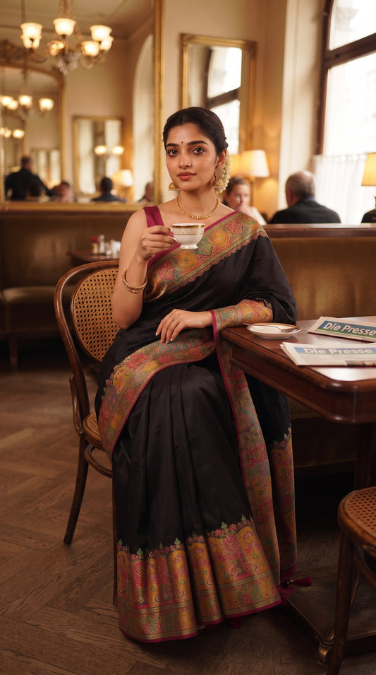 A portrait of a woman sitting on a heritage cane chair inside a classic European café, holding a teacup while beautifully displaying the intricate multicolored paisley borders of her black Kani silk saree