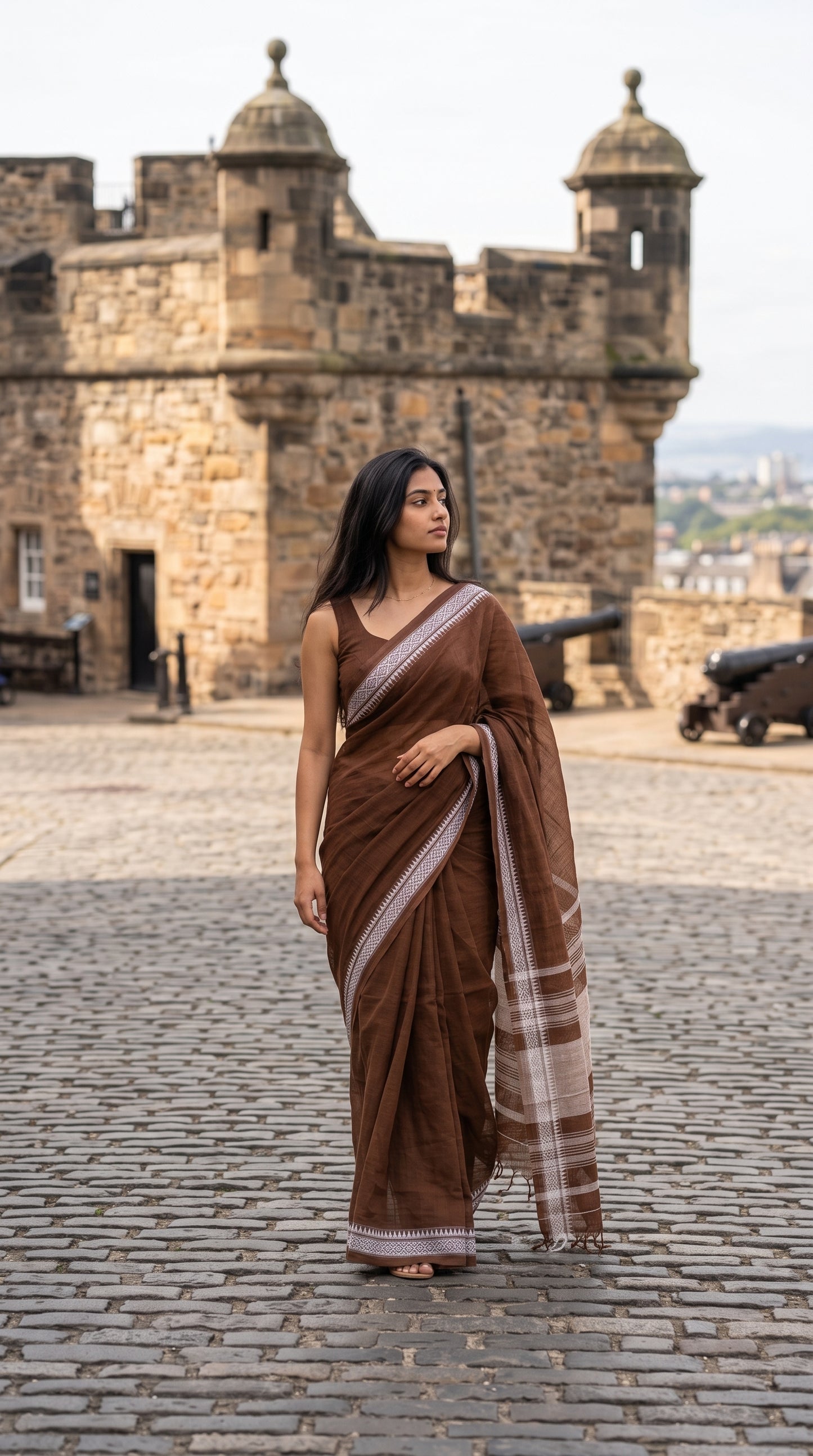 Full-length image of a model walking across a historic cobblestone courtyard, showcasing the casual elegance of a lightweight brown cotton saree with white trim