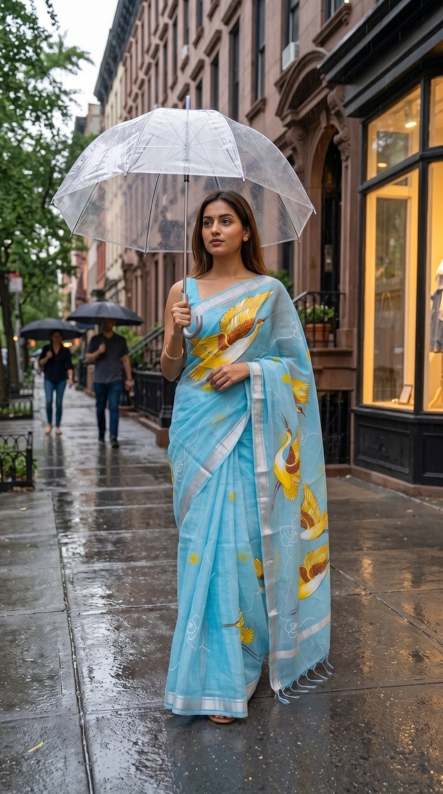 Model walking down a city street under a clear umbrella, displaying the airy drape and vibrant yellow-and-white crane paintings of a sky blue cotton saree