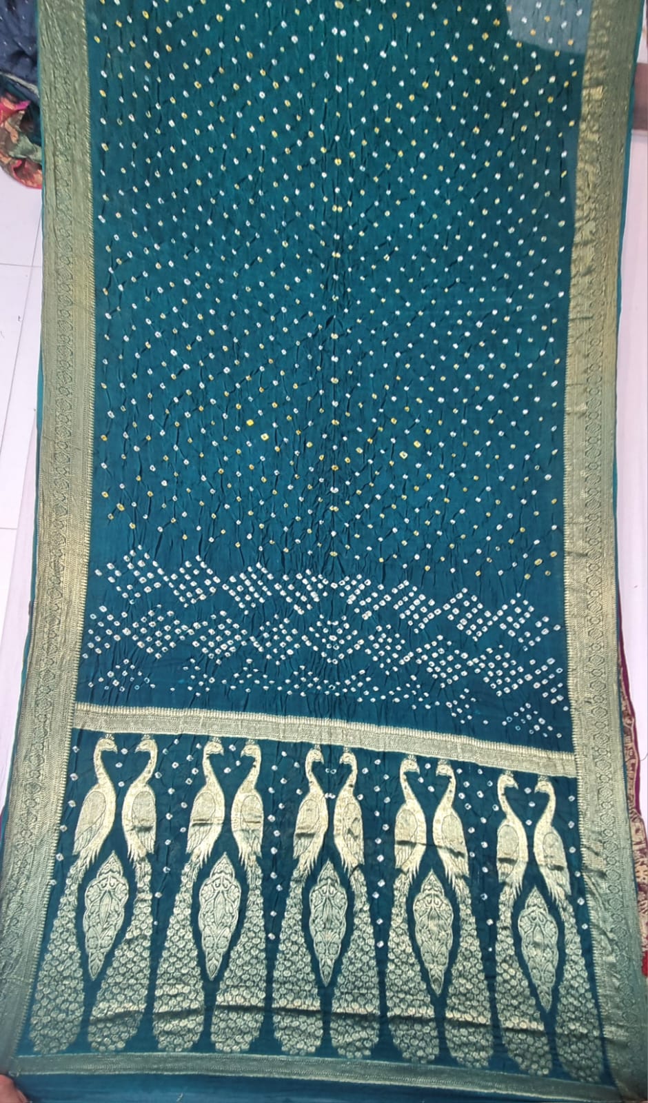 Art Silk Bandhani with Golden Zari - Rama Green