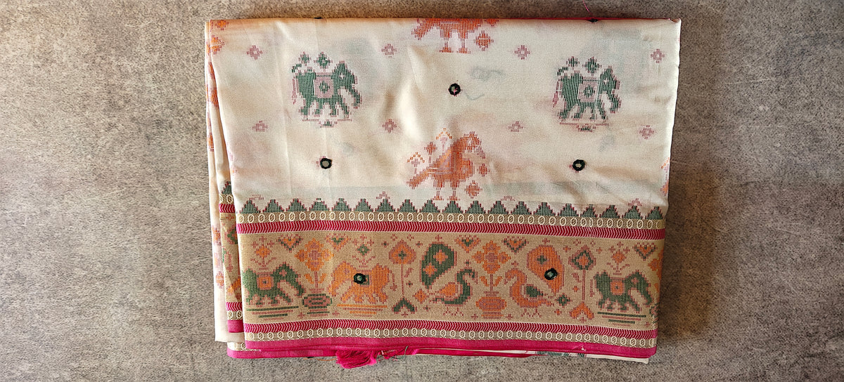 Viscose Silk Saree with Patola Weave - White